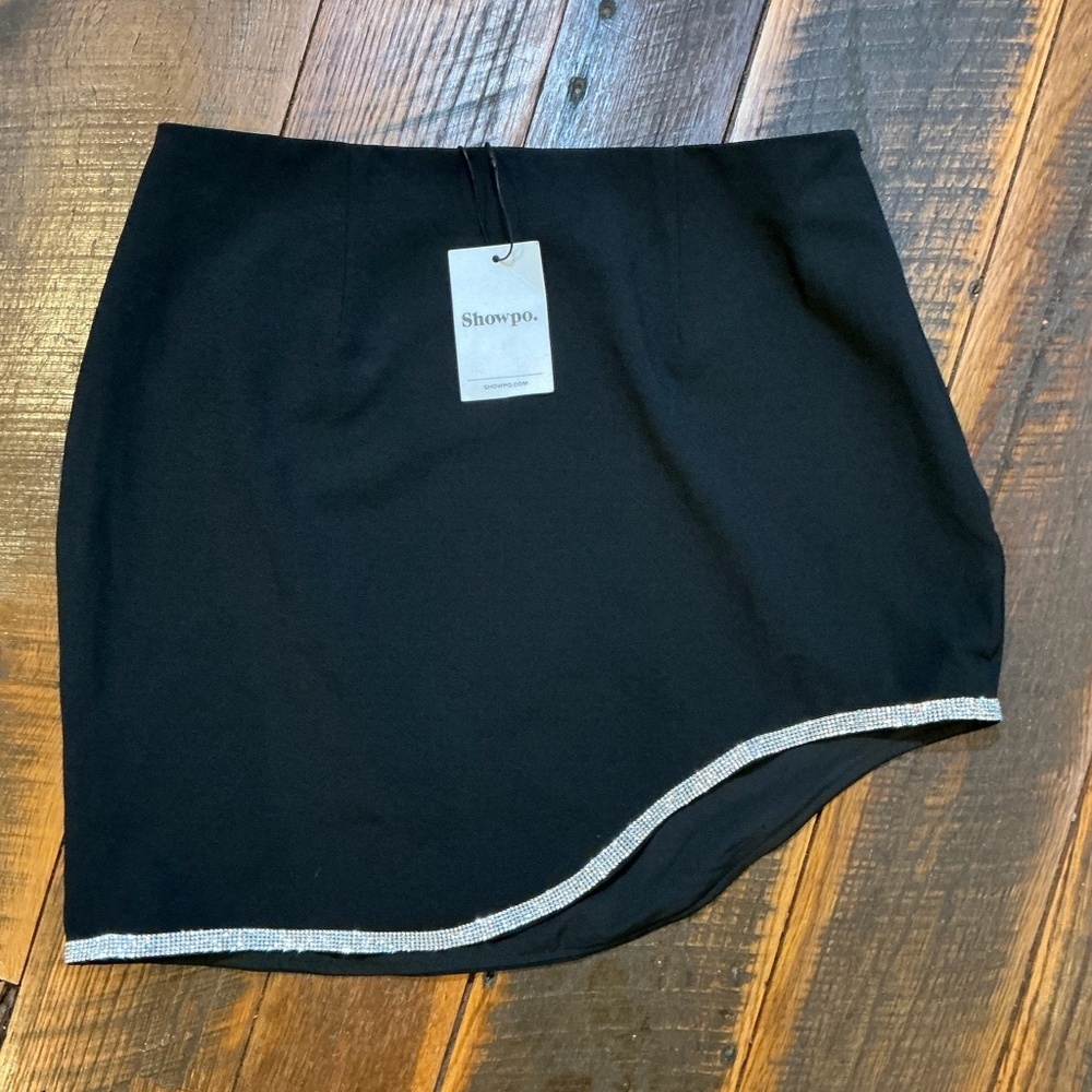 Showpo Josanna Diamante Trim Asymmetrical Mini Skirt – Black – Size 8 (NWT)